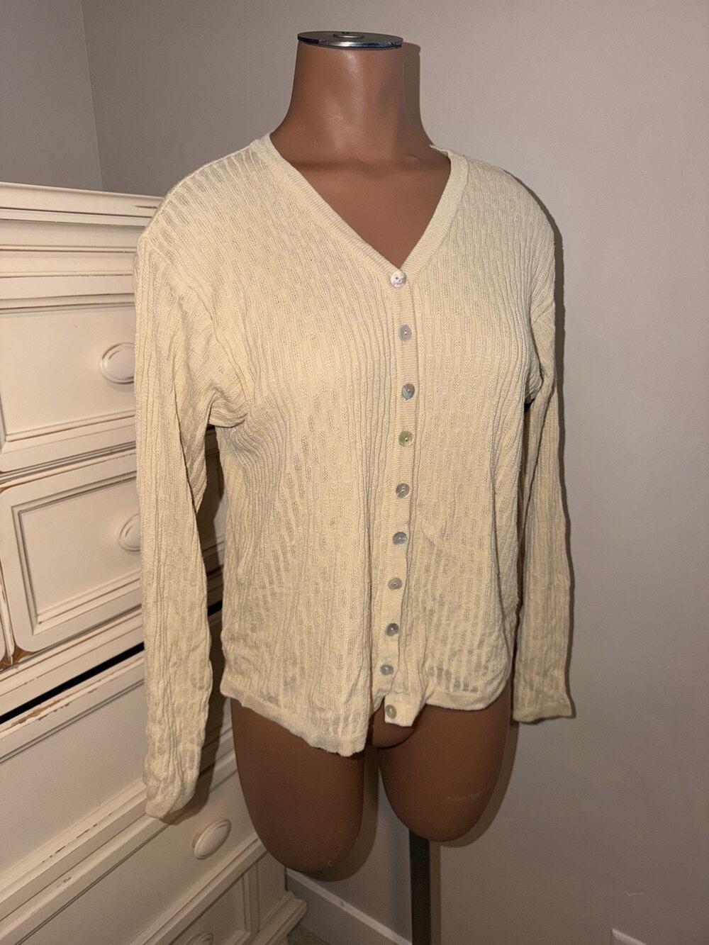 Cream Cardigan Shirt Blouse Long Sleeve Russ Size Large